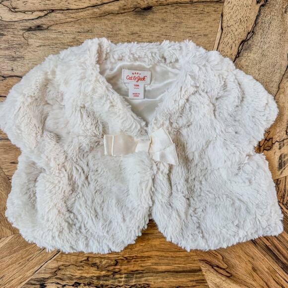 18 Months, Baby Cat & Jack , Ivory/White Faux Fur Sweater Cape with Satin Bow - Picture 4 of 6